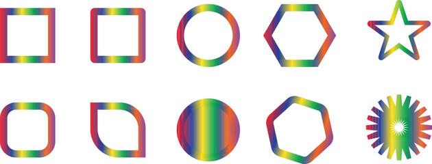 Rainbow Gradient Geometric Shapes Set – Colorful Circle, Square, Hexagon, Star Outline Vector Collection
