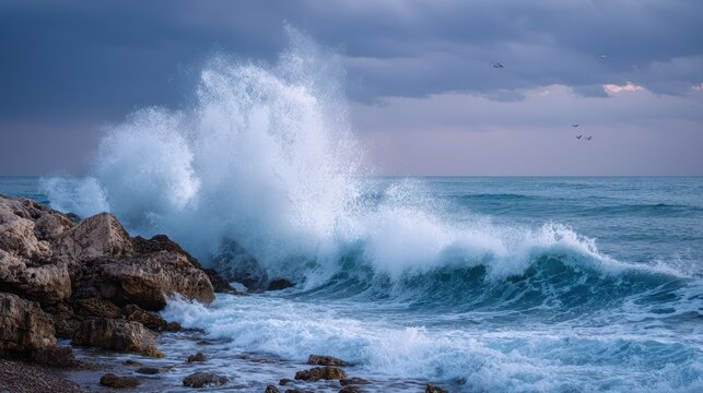 Dramatic wave splash along a rocky Black Sea coastline at dawn