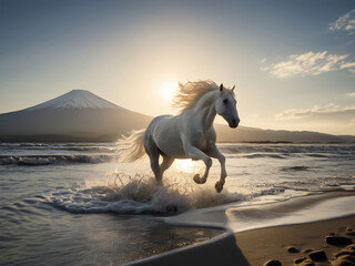 A white horse sprinting at full speed.