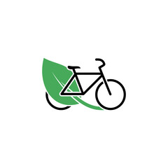 Bicycle silhouette appears with green leaf symbolizing ecofriendly transportation and sustainable lifestyle on white backdrop, promoting environmental awareness.