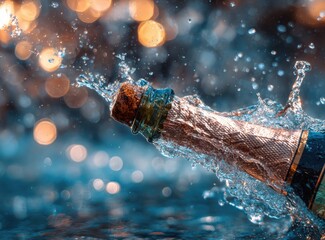 Champagne bottle popping with water splash, festive bokeh lights backdrop