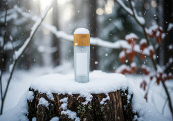 Winter forest product display with snowfall