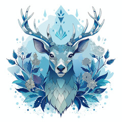 Watercolor deer portrait with floral elements