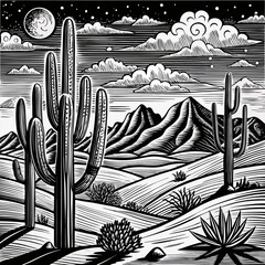 Black and white desert landscape with cacti under a starry night sky