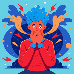 Anxious man with hands on face and stressed expression on blue background