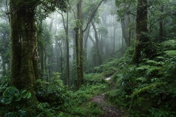 Obraz premium Early morning mist in dense rainforest, ethereal atmosphere and vibrant foliage