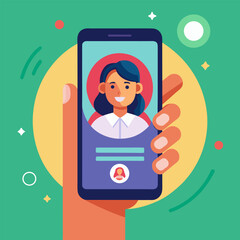 Hand holding smartphone with a woman on screen