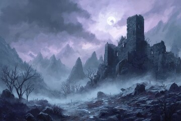 Fototapeta premium Eerie Castle Ruins in a Gray Valley Beneath a Stormy Sky