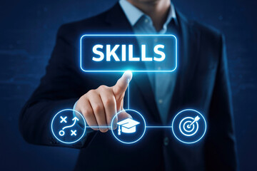 Businessman touching glowing blue "SKILS" button with icons for strategy education and success skills
