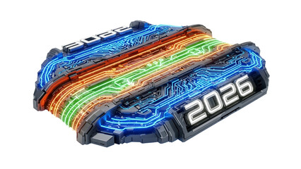 Futuristic technological device displays years twenty twenty-two and twenty twenty-six on illuminated circuit pathways