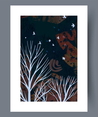 Tall trees are silhouetted against night sky with flying birds