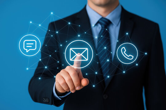 Businessman touching screen with contact communication icons email phone chat customer service support - Powered by Adobe