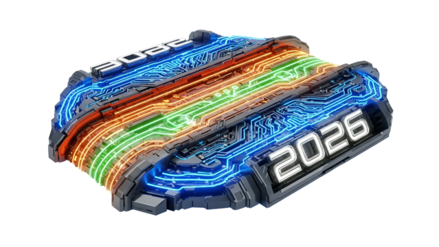 Futuristic technological device displays years twenty twenty-two and twenty twenty-six on illuminated circuit pathways
