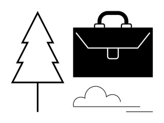 Briefcase next to a tree and cloud symbolizes work-life balance, nature, and professional harmony. Ideal for sustainability, career growth, mindfulness, green economy, outdoor work, eco-travel