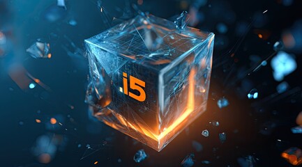 Frozen cube with glowing interior and cracked ice effect floating in space