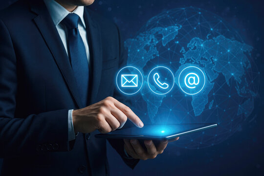 Businessman using tablet with world map and contact icons for email phone and at symbol communication