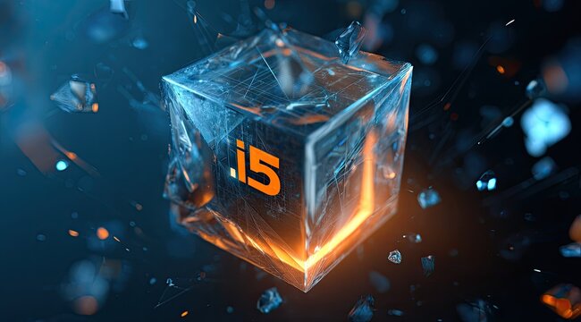 Frozen cube with glowing interior and cracked ice effect floating in space