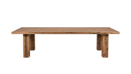 Sturdy rectangular dining surface constructed from reclaimed natural wood sits against a solid black background.
