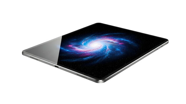 Thin electronic tablet device displays swirling spiral galaxy against a dark background