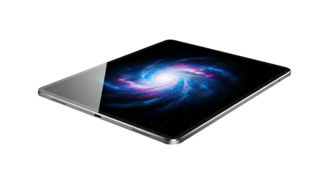 Thin electronic tablet device displays swirling spiral galaxy against a dark background