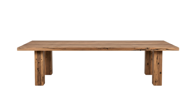 Sturdy rectangular dining surface constructed from reclaimed natural wood sits against a solid black background.