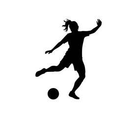 Dynamic silhouette of a female soccer player kicking a ball in motion