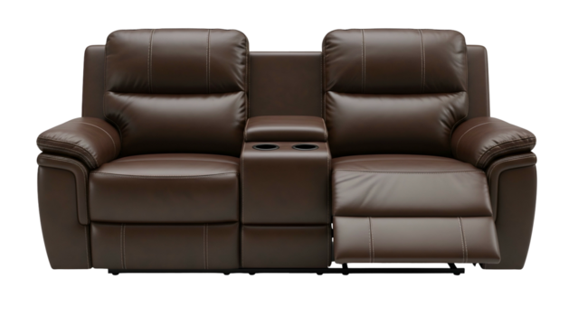 Comfortable reclining loveseat with integrated dual cup holders presents luxurious seating
