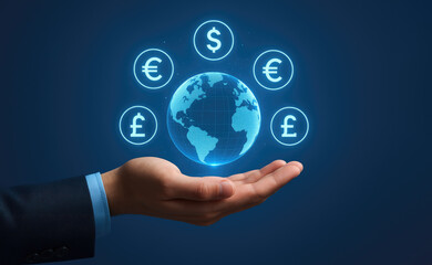 Businessman's hand holding glowing holographic globe with currency symbols around it on dark blue background
