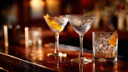 Elegant still life of martini, coupe, and rocks glasses with citrus garnish