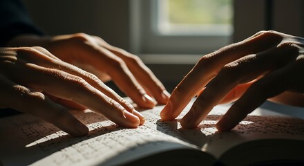 Person reads braille book with fingers in bright sunlight near window, showcasing accessibility and tactile reading experience.