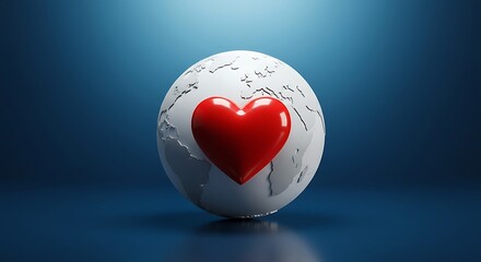 Red heart embraces the world globe, symbolizing love and unity on a blue gradient backdrop, conveying a message of global compassion and interconnectedness.