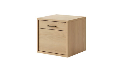 Light colored wooden storage unit with one drawer and one door sits isolated against a dark background