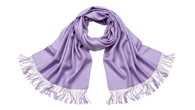 Smooth satin fabric shawl draped with flowing folds and fringed edges is isolated against a solid black background