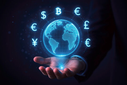 Businessman's hand holding glowing holographic globe with currency symbols including Bitcoin on dark background