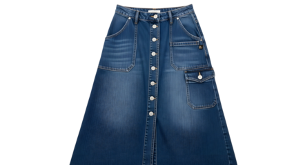 Full length indigo denim skirt with multiple pockets and front button closure displayed against a black background