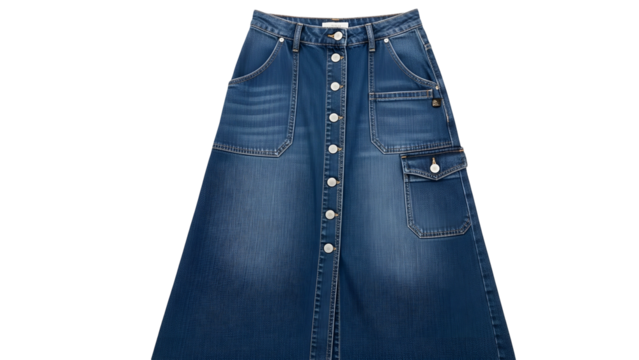 Full length indigo denim skirt with multiple pockets and front button closure displayed against a black background