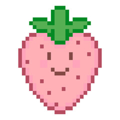 Pixel art cute pink strawberry with green leaves