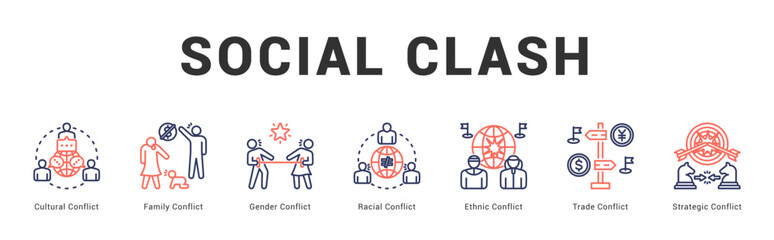 Social Clash Modern and clean web banner illustration featuring thematic icons for visual communication