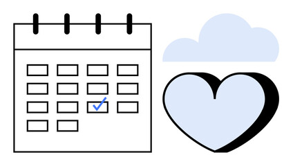 Calendar with checkmark for task completion, heart symbol for care or well-being, and cloud for mental space. Ideal for time management, organization, self-care, balance, productivity, mindfulness