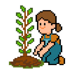 Obraz premium Pixel art girl planting a small tree