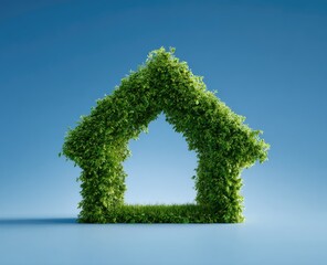 House shape made of leafy green foliage, against a bright blue background