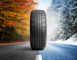 Summer tires on a road winter wheel off. Change a car seasonal tyre summer forest road with trees...