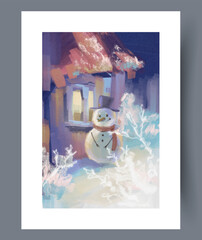 cozy winter holiday, idyllic winter landscape showcasing snowman amidst frosty nature and warm light