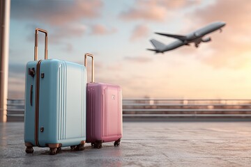 Two suitcases at airport, plane takes off against a sunset sky