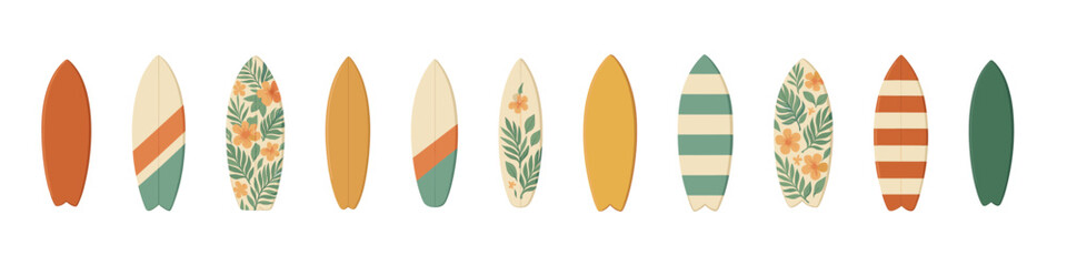 Surfboard icon set. Surf board vector set. Surfboard collection with tropical patterns for summer and beach sports design.