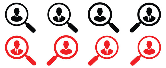 Professional team search icons with magnifying glass highlighting business people candidates,Hiring icon set illustration. Human resources sign and symbol. Profile Searching and Recruitment vector