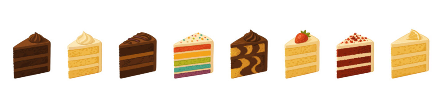 Cake slice icon set. Dessert vector set. Cake slice collection with various flavors for bakery, birthday and sweet designs.