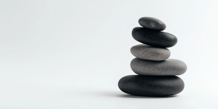 Smooth natural pebbles stack isolated on white background, zen composition