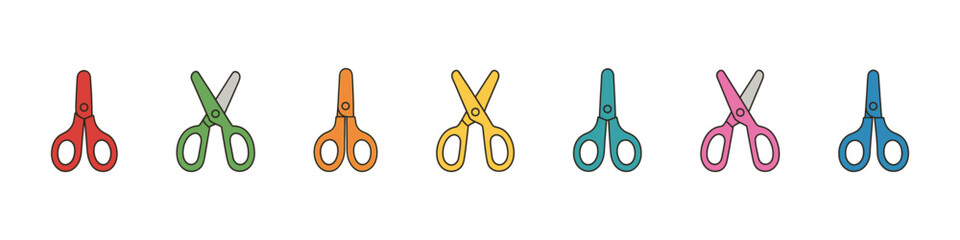Scissors icon set. Safety scissors vector set. Collection of colorful children&rsquo;s scissors for school, crafting and cutting design.