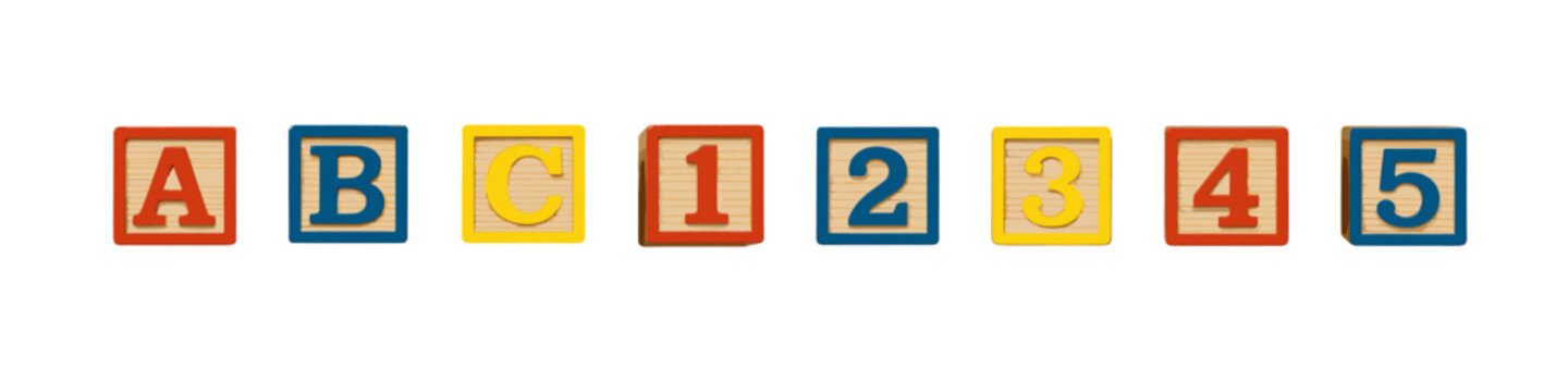 Wooden blocks icon set. ABC and number block vector set. Colorful alphabet blocks for kids learning, preschool and education design.